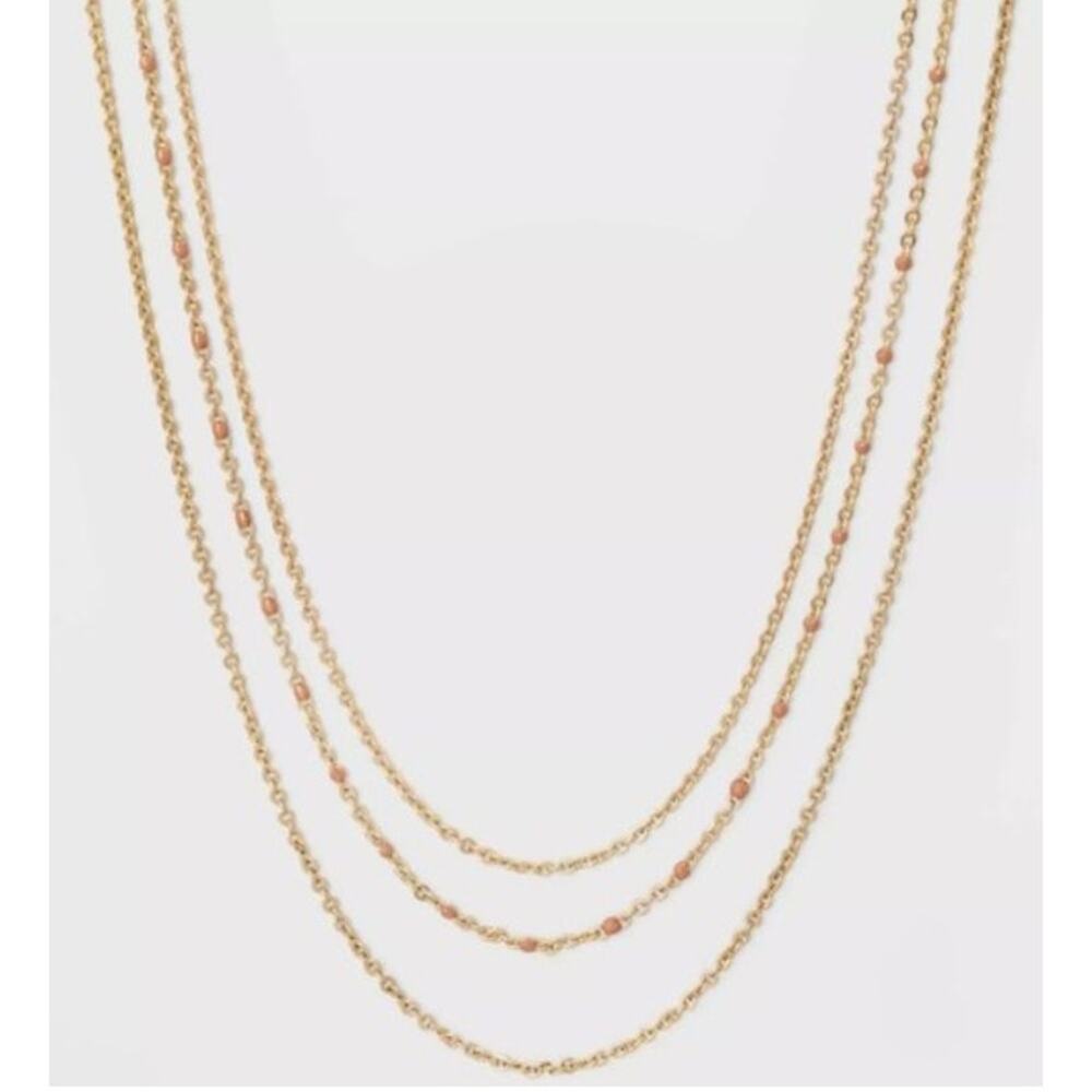 Universal Thread Layered Pink Dotted Enamel Gold Tone Chain Necklace